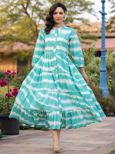 Women Sea Green Tie and Dye Pure Cotton Fit and Flared Midi Dress